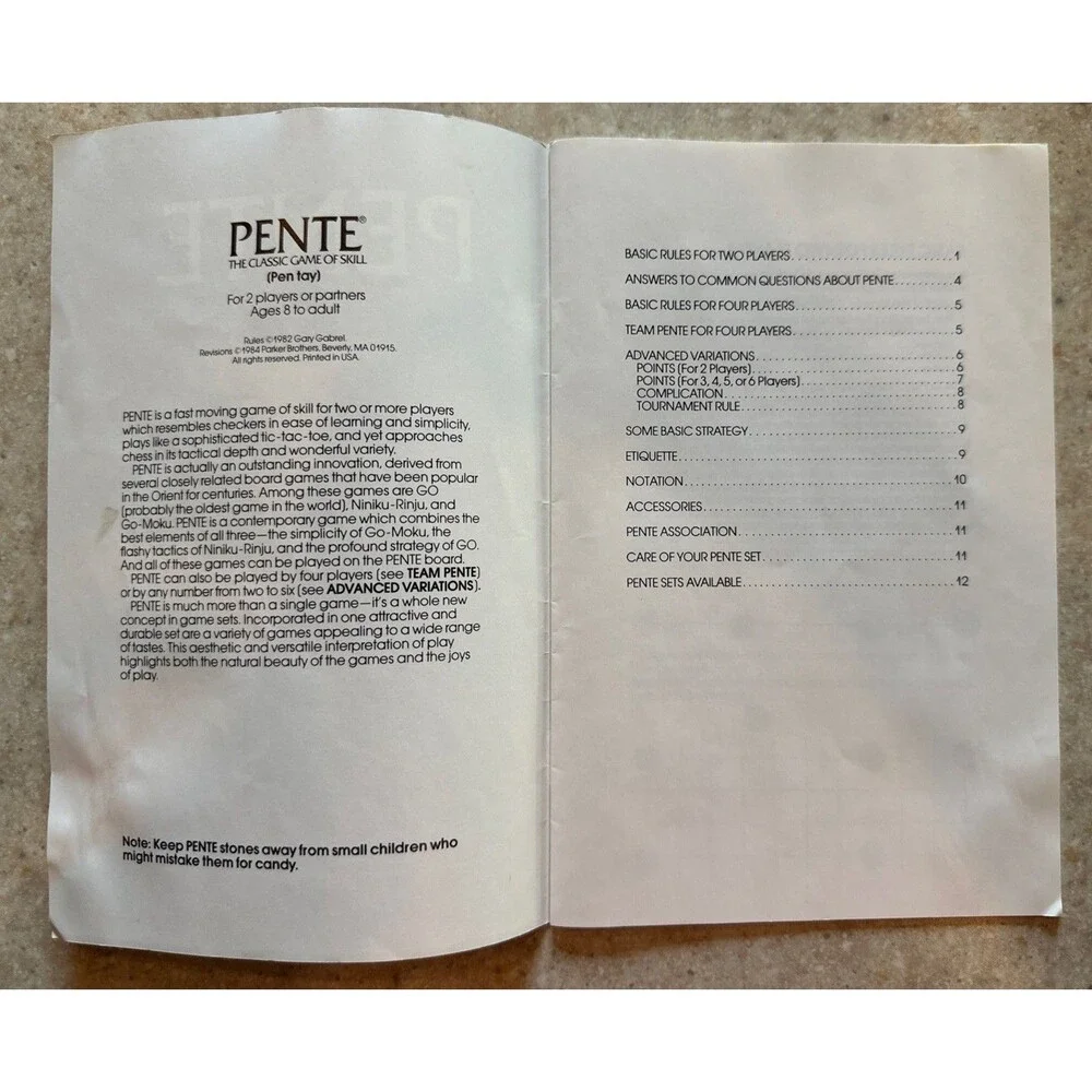 1982 (1984 rev) PENTE The Classic Game of Skill Board Game - Instruction Booklet